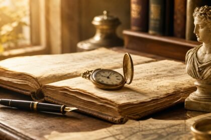Manuscrit ancien, montre de poche et buste classique dans une lumière matinale dorée