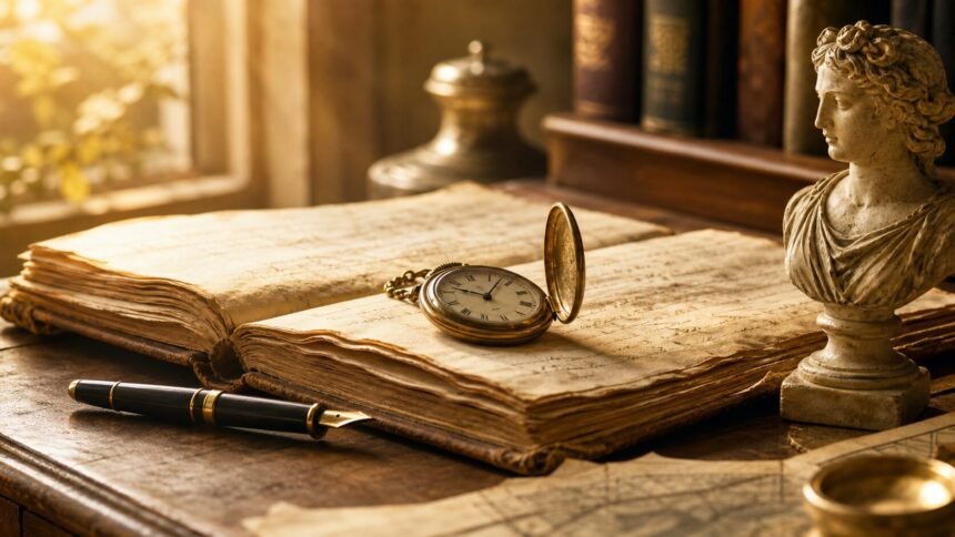 Éphéméride du 15 juillet : saint bonaventure, rembrandt et la pierre de rosette Manuscrit ancien, montre de poche et buste classique dans une lumière matinale dorée