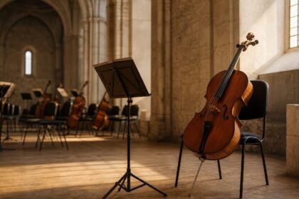 Festival de saintes : ophélie gaillard conquise par son immersion artistique Violoncelle et pupitres dans une salle de concert en pierre, illustration du Festival de Saintes