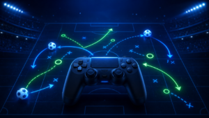 Illustration d’une manette de jeu et de tactiques de football sur un terrain lumineux