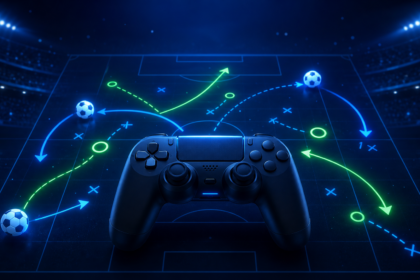 Illustration d’une manette de jeu et de tactiques de football sur un terrain lumineux