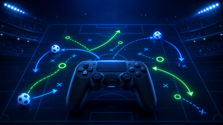 Bon plan playstation store : football, tactics & glory – treble deluxe edition à 17,49 € Illustration d’une manette de jeu et de tactiques de football sur un terrain lumineux