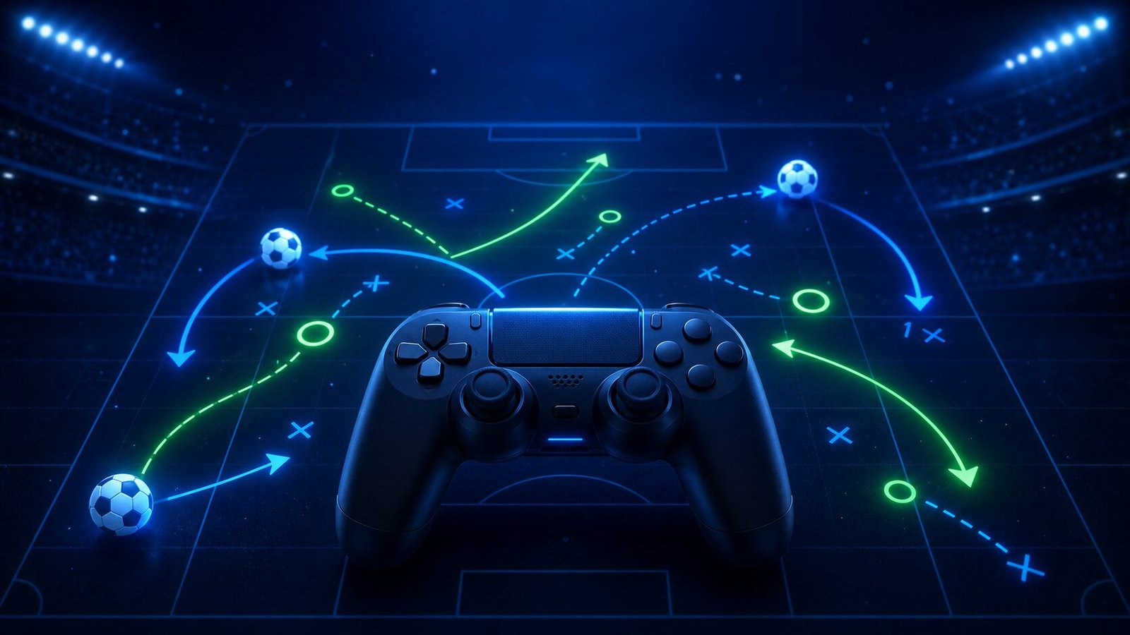 Illustration d’une manette de jeu et de tactiques de football sur un terrain lumineux