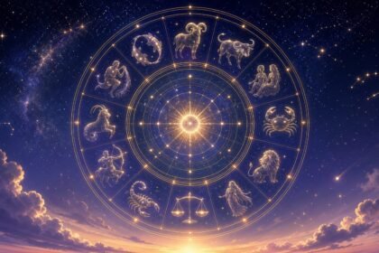 Illustration céleste d’une roue zodiacale lumineuse et des douze signes sous un ciel étoilé