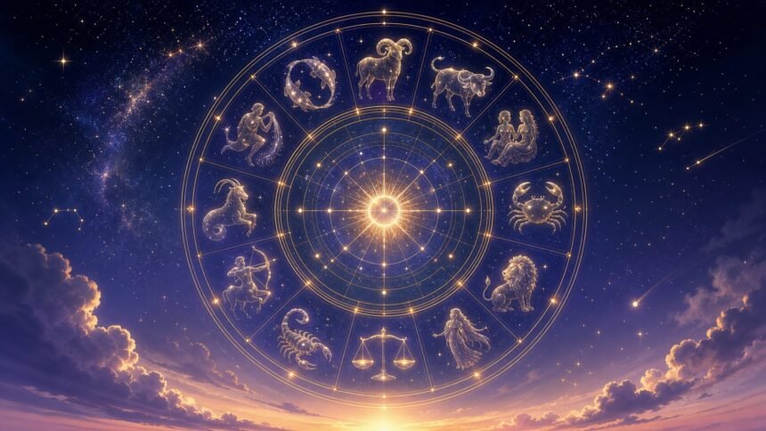 Illustration céleste d’une roue zodiacale lumineuse et des douze signes sous un ciel étoilé