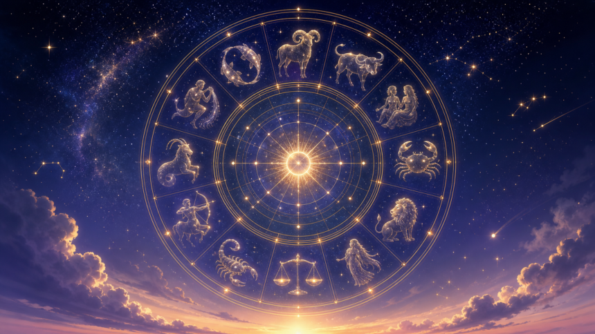 Horoscope du dimanche 12 juillet 2026 : une journée pour avancer avec confiance Illustration céleste d’une roue zodiacale lumineuse et des douze signes sous un ciel étoilé