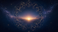 Illustration céleste avec douze constellations zodiacales autour d’un lever de soleil