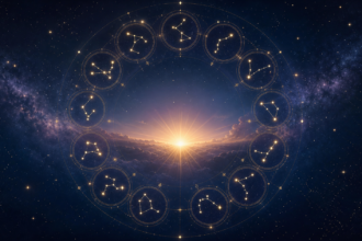 Horoscope du lundi 13 juillet 2026 : une journée pour suivre son élan Illustration céleste avec douze constellations zodiacales autour d’un lever de soleil