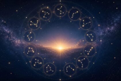 Illustration céleste avec douze constellations zodiacales autour d’un lever de soleil