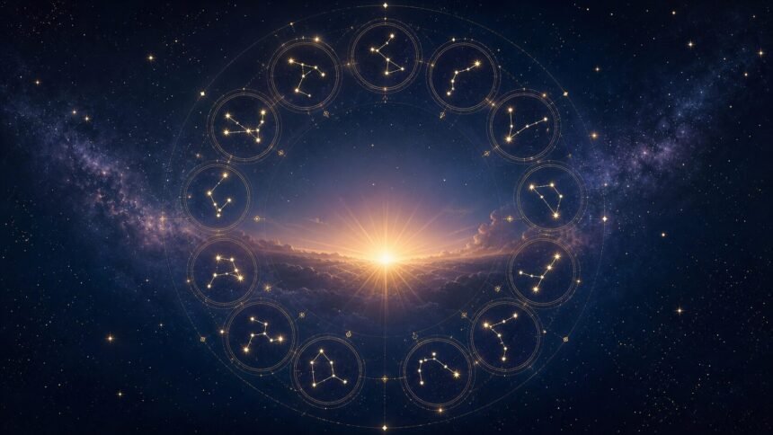 Illustration céleste avec douze constellations zodiacales autour d’un lever de soleil