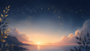 Ciel étoilé et roue du zodiaque dorée au-dessus d’un lever de soleil sur la mer