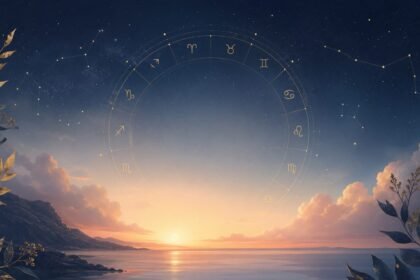 Ciel étoilé et roue du zodiaque dorée au-dessus d’un lever de soleil sur la mer