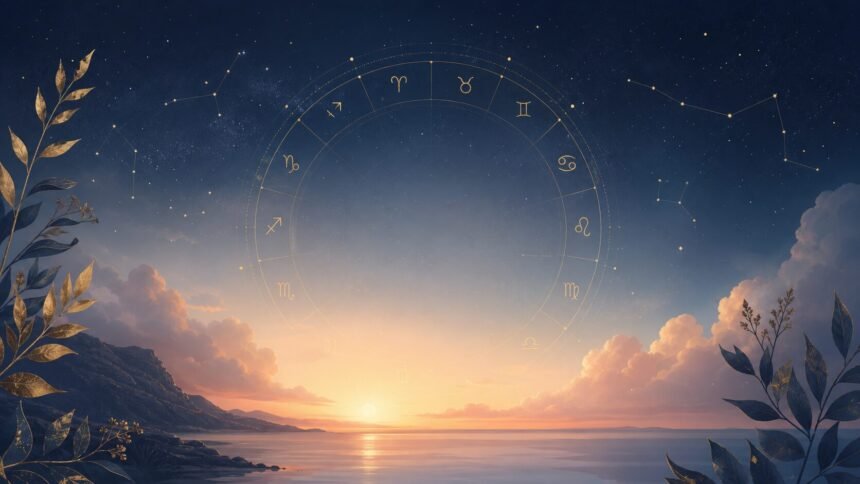 Ciel étoilé et roue du zodiaque dorée au-dessus d’un lever de soleil sur la mer