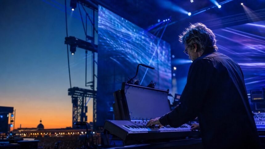Jean-michel jarre à toulouse : un concert unique entre électronique et intelligence artificielle Jean-Michel Jarre jouant des synthétiseurs sur une scène en plein air, éclairée de bleu et de violet