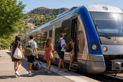 Jeunes voyageurs montant dans un train régional sous le soleil estival