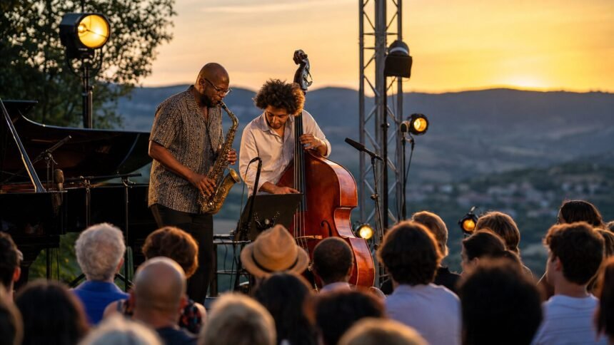 Musiciens de jazz sur une scène en plein air devant un public au coucher du soleil