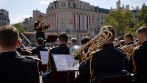 14-juillet : la musique de la garde républicaine, bien plus qu’un cérémonial Orchestre de cuivres en uniforme lors d’une cérémonie musicale à Paris