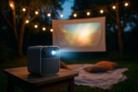 Videoprojecteur portable Nebula Mars 3 Air utilise pour une seance de cinema en plein air dans un jardin l'ete