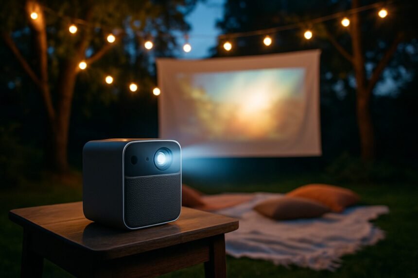 Nebula mars 3 air : le vidéoprojecteur portable idéal pour l'été Videoprojecteur portable Nebula Mars 3 Air utilise pour une seance de cinema en plein air dans un jardin l'ete
