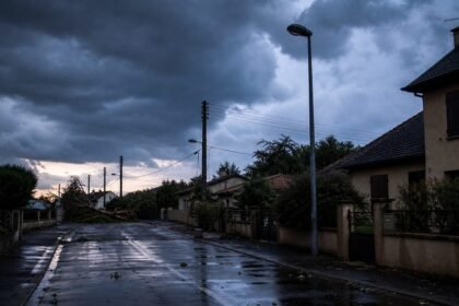 Rue résidentielle du Sud-Ouest après un orage, sous un ciel sombre et avec un éclairage public éteint