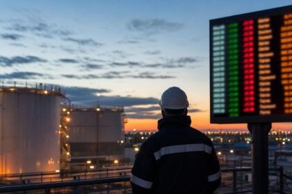 Site de stockage pétrolier et tableau de marché au crépuscule