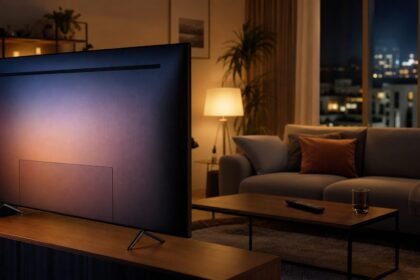 Télévision vue de dos dans un salon chaleureux éclairé le soir