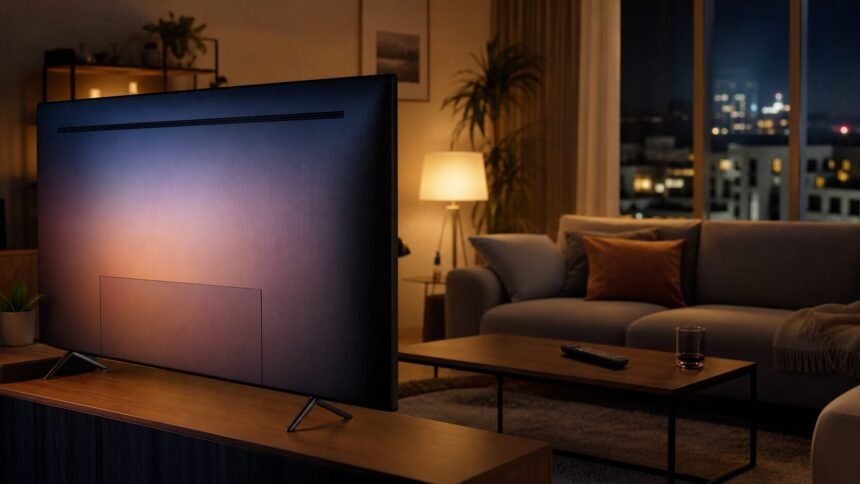 Télévision vue de dos dans un salon chaleureux éclairé le soir