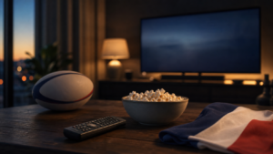 Programme tv ce soir, samedi 11 juillet : rugby, fort boyard et le bal des pompiers Salon devant une télévision le soir avec ballon de rugby, télécommande et drapeau français