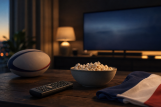 Salon devant une télévision le soir avec ballon de rugby, télécommande et drapeau français
