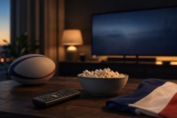 Salon devant une télévision le soir avec ballon de rugby, télécommande et drapeau français