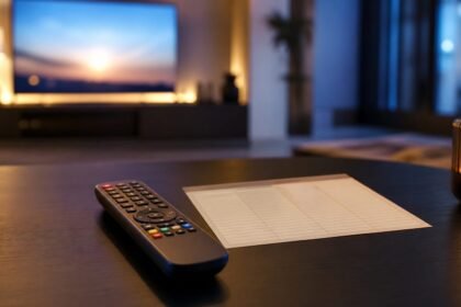 Télécommande et grille de programme devant un téléviseur allumé en soirée