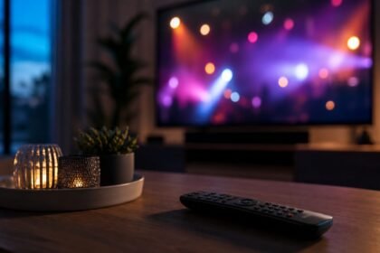 Télévision et télécommande dans un salon en soirée