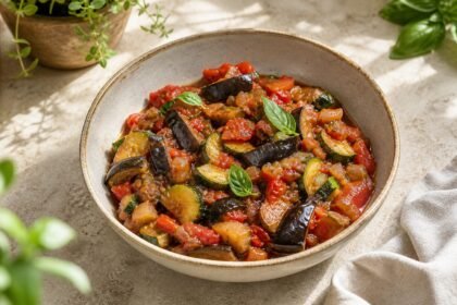 Ratatouille sans poivrons servie dans un bol, avec courgettes, aubergines et sauce tomate