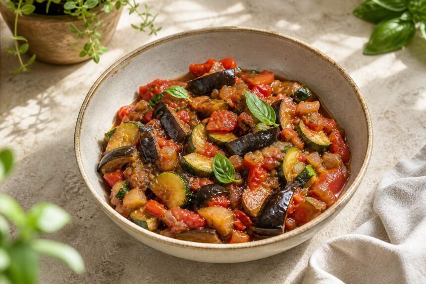 Ratatouille sans poivrons servie dans un bol, avec courgettes, aubergines et sauce tomate