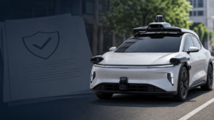 Robotaxi autonome sur une rue urbaine avec capteurs de sécurité redondants