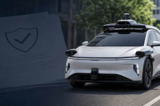 Robotaxi autonome sur une rue urbaine avec capteurs de sécurité redondants