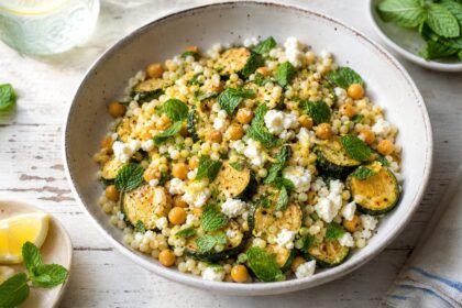 Salade de couscous perlé aux courgettes grillées, pois chiches, feta, citron et menthe
