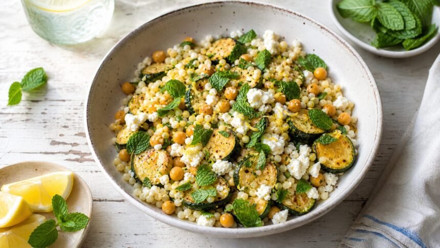 Salade de couscous perlé aux courgettes grillées, pois chiches, feta, citron et menthe