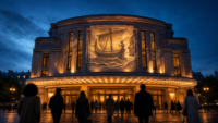 Façade de cinéma illuminée au crépuscule, avec projection évoquant une odyssée et spectateurs entrant en salle