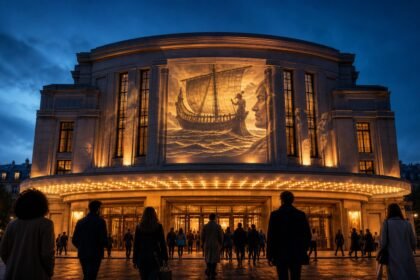 Façade de cinéma illuminée au crépuscule, avec projection évoquant une odyssée et spectateurs entrant en salle