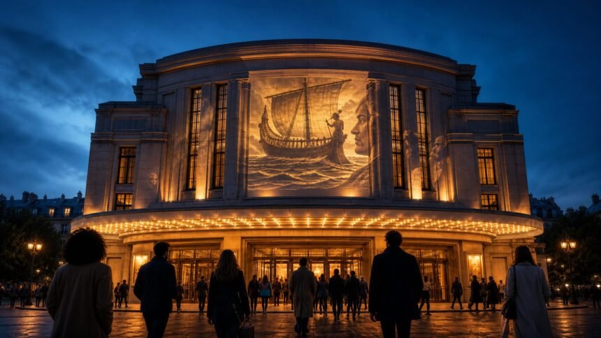 Façade de cinéma illuminée au crépuscule, avec projection évoquant une odyssée et spectateurs entrant en salle