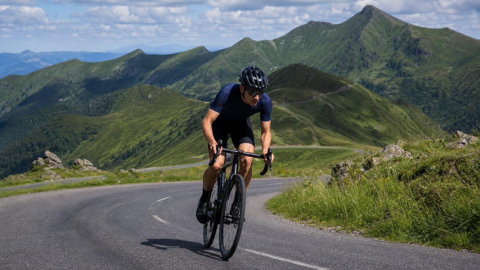 Cycliste sur une route de montagne du Massif central