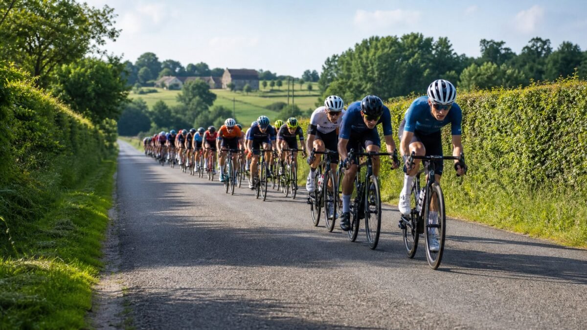 Peloton de cyclistes sur une route de campagne française pendant une course estivale