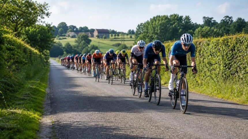 Tour de france 2026 : vichy–nevers, une 11e étape de 161,3 km promise aux sprinteurs Peloton de cyclistes sur une route de campagne française pendant une course estivale