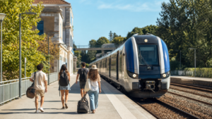 Train régional sur un quai avec de jeunes voyageurs en Occitanie