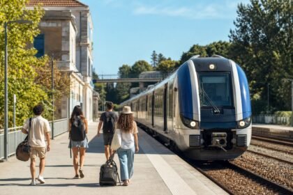 Train régional sur un quai avec de jeunes voyageurs en Occitanie