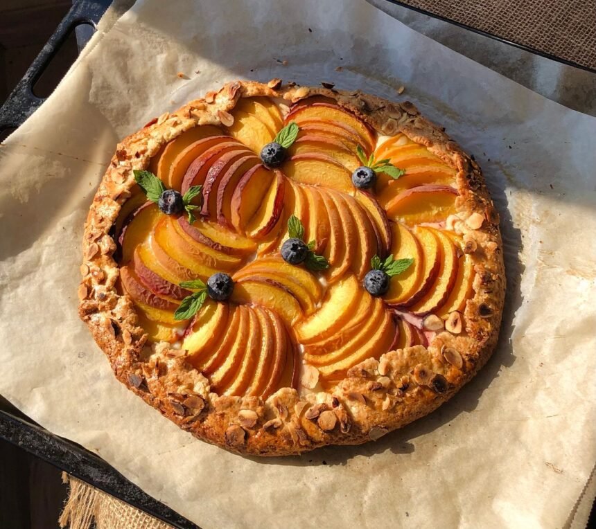 Cette galette rustique aux pêches et aux amandes se prépare en 42 minutes