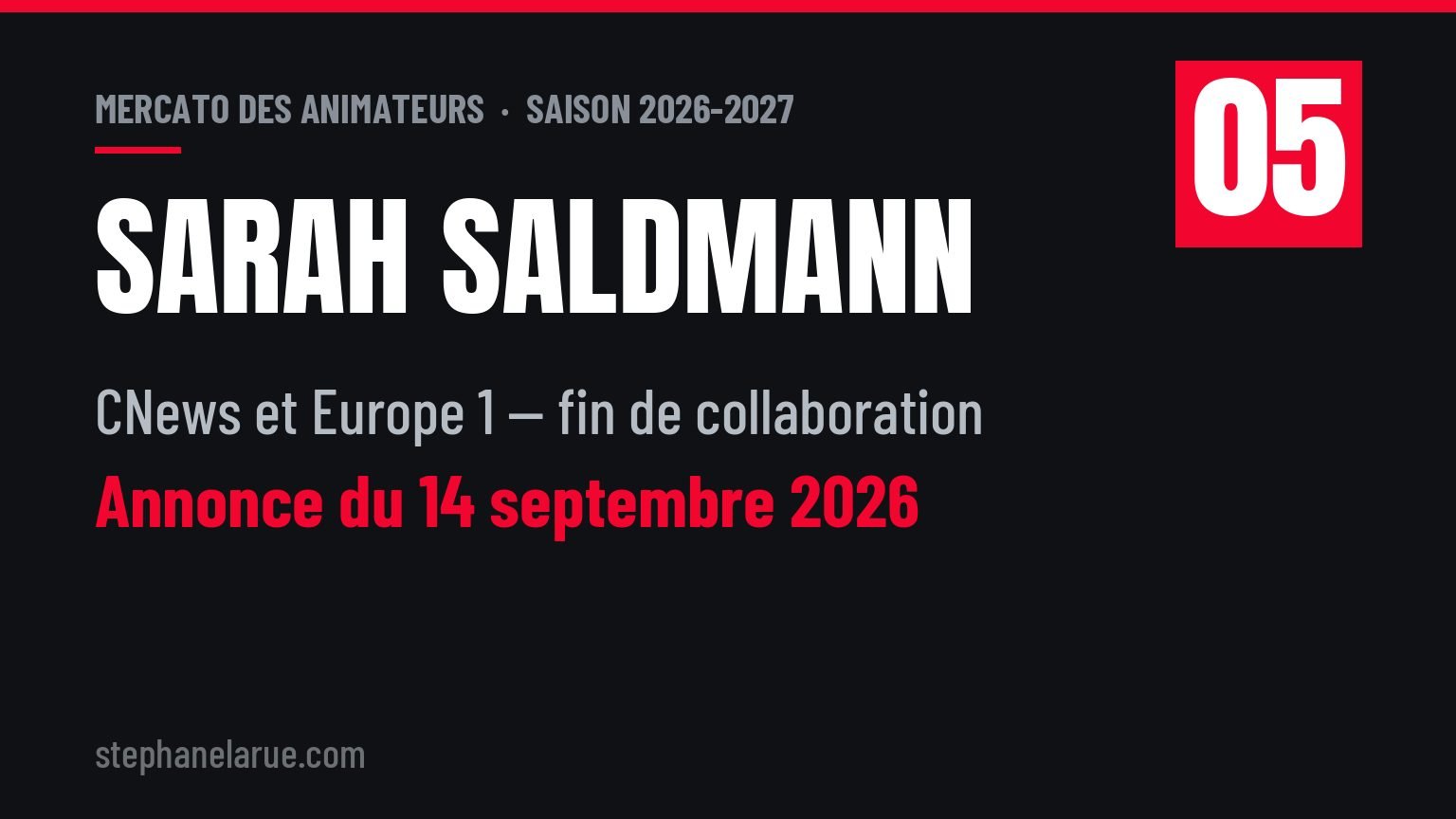 Mercato des animateurs : 9 mouvements de la saison 2026 en radio et en télé Sarah Saldmann a quitté CNews et Europe 1 le 14 septembre