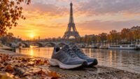 20 km paris : suivez le direct dès 8h35 sur france. Tv Chaussures de course sur un quai de Seine, avec la tour Eiffel à l’arrière-plan, illustration générée.