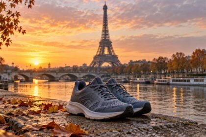 Chaussures de course sur un quai de Seine, avec la tour Eiffel à l’arrière-plan, illustration générée.